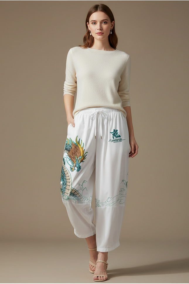 Pantalon Japonais Blanc Dragon Ample Fluide Coton