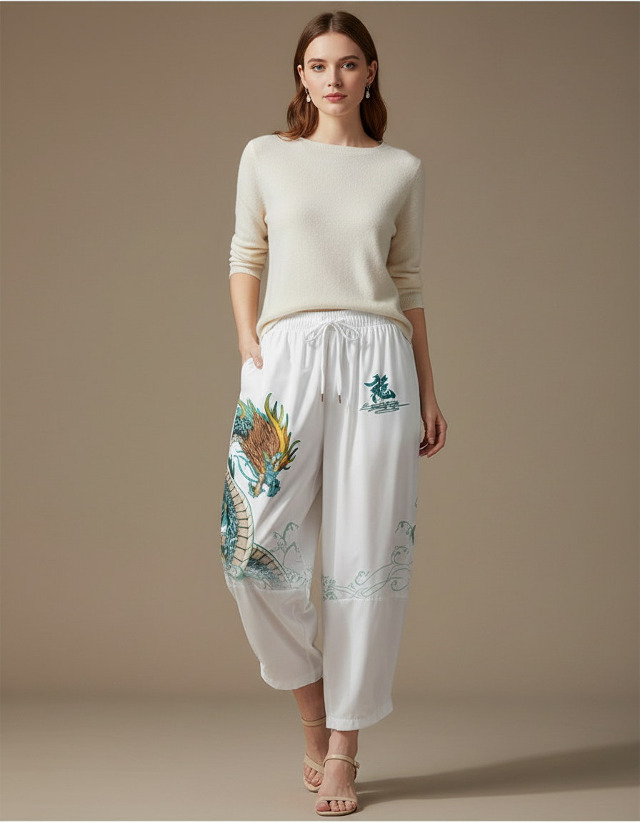 Pantalon Japonais Blanc Dragon Ample Fluide Coton