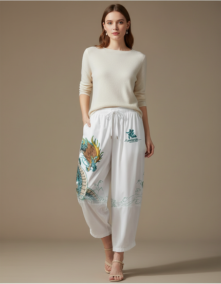 Pantalon Japonais Blanc Dragon Ample Fluide Coton