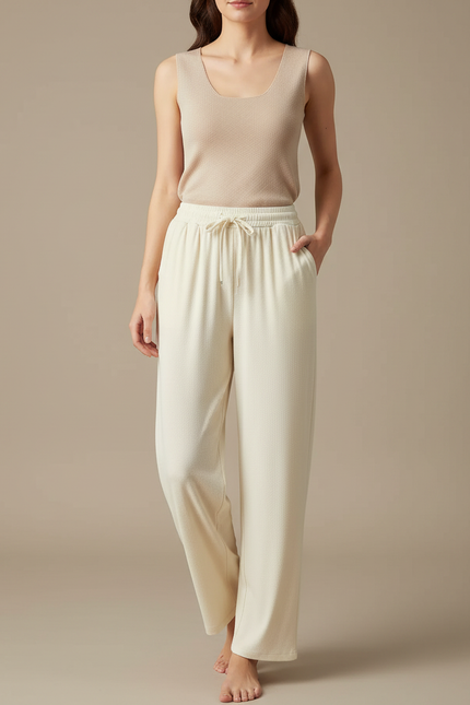 Pantalon Japonais Crème Ample Fluide Décontracté Cordon - Beige Maille