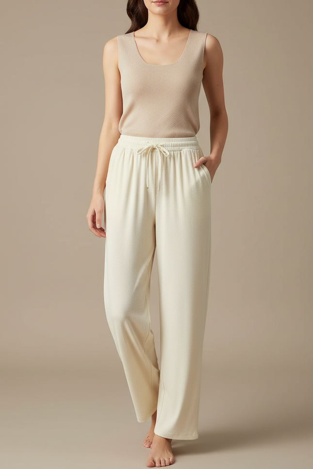 Pantalon Japonais Crème Ample Fluide Décontracté Cordon - Beige Maille