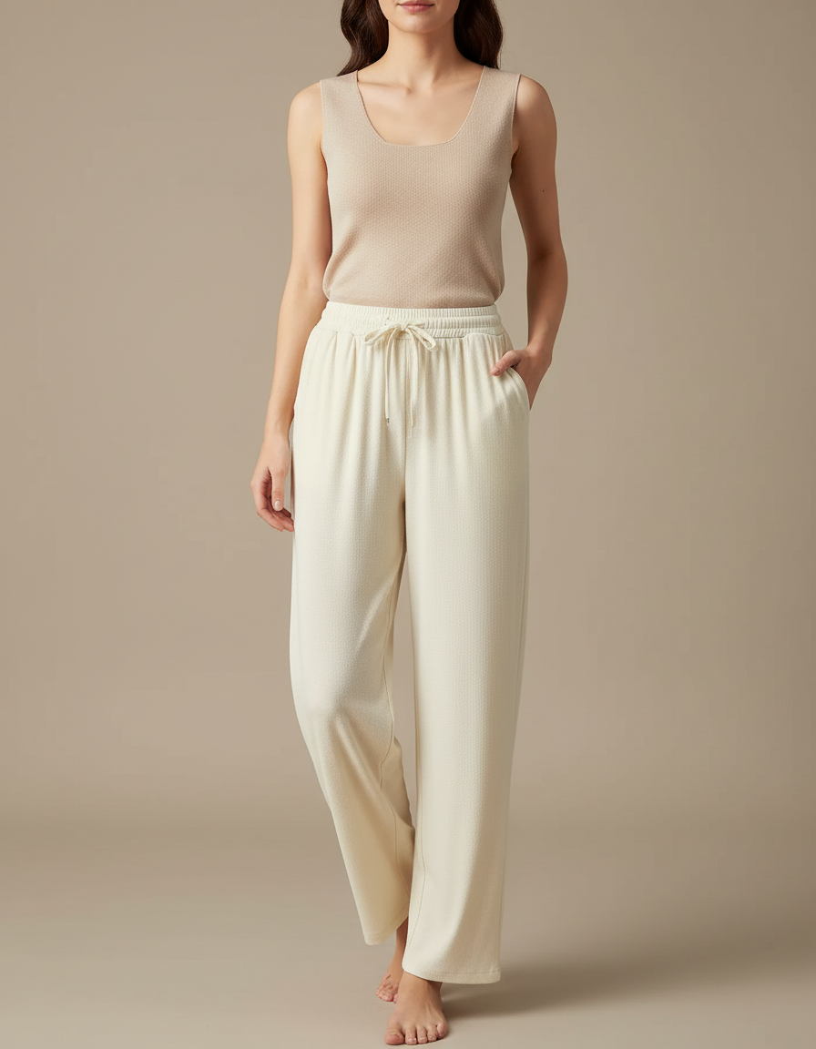 Pantalon Japonais Crème Ample Fluide Décontracté Cordon - Beige Maille