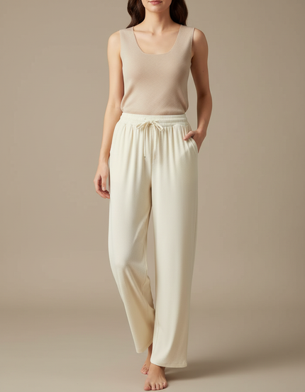 Pantalon Japonais Crème Ample Fluide Décontracté Cordon - Beige Maille