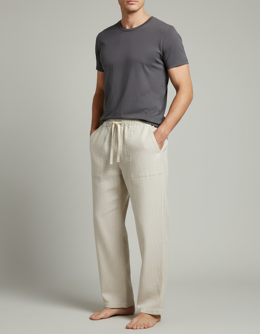 Pantalon Japonais Lin Coton Ample Beige Homme Décontracté