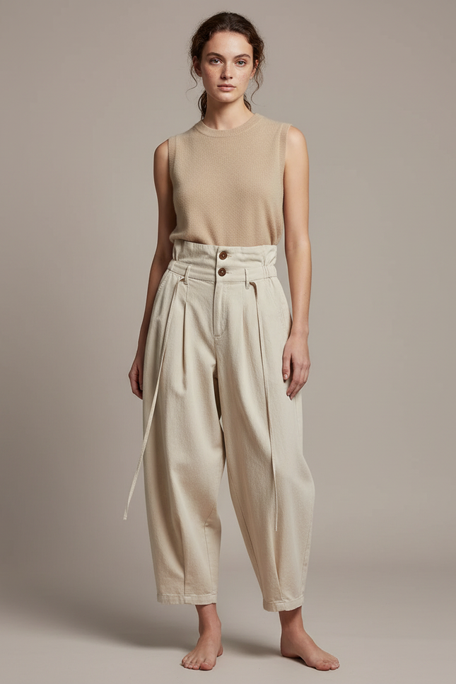 Pantalon Japonais Écru Ample Coton Femme Décontracté Plissé - Beige