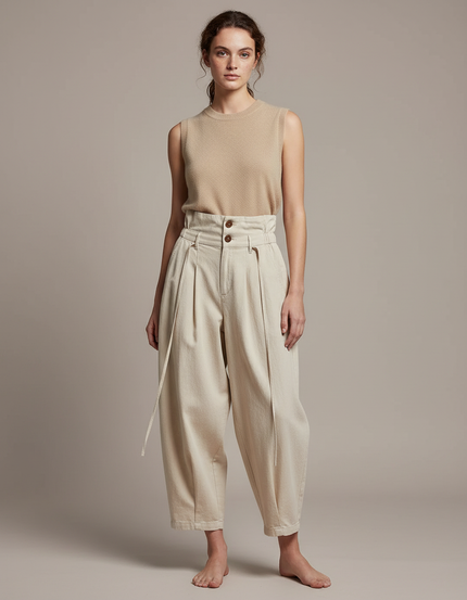 Pantalon Japonais Écru Ample Coton Femme Décontracté Plissé - Beige