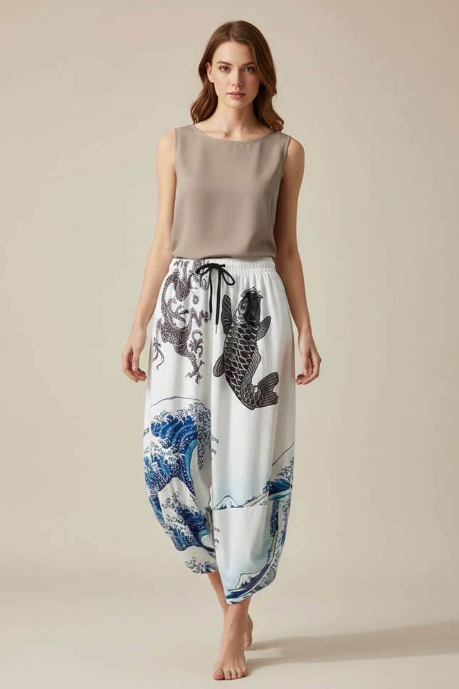 Pantalon Japonais Blanc Fluide Vagues Carpe Dragon - Viscose