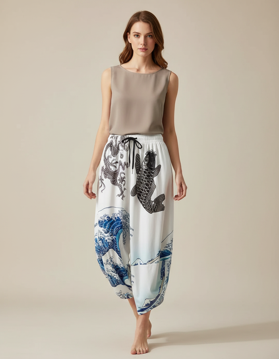 Pantalon Japonais Blanc Fluide Vagues Carpe Dragon - Viscose