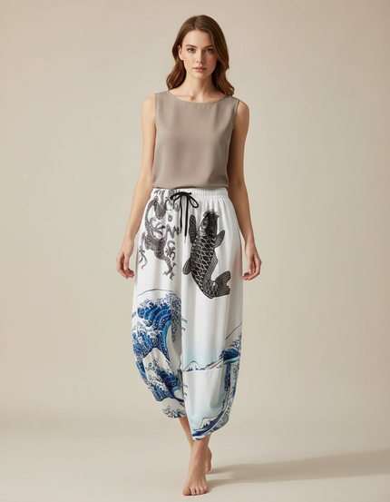 Pantalon Japonais Blanc Fluide Vagues Carpe Dragon - Viscose