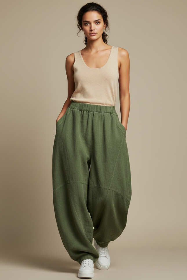 Pantalon Japonais Vert Ample Lin Confortable Décontracté - Kaki