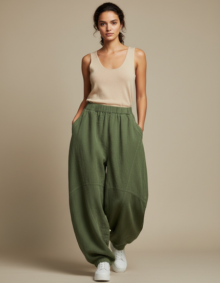 Pantalon Japonais Vert Ample Lin Confortable Décontracté - Kaki