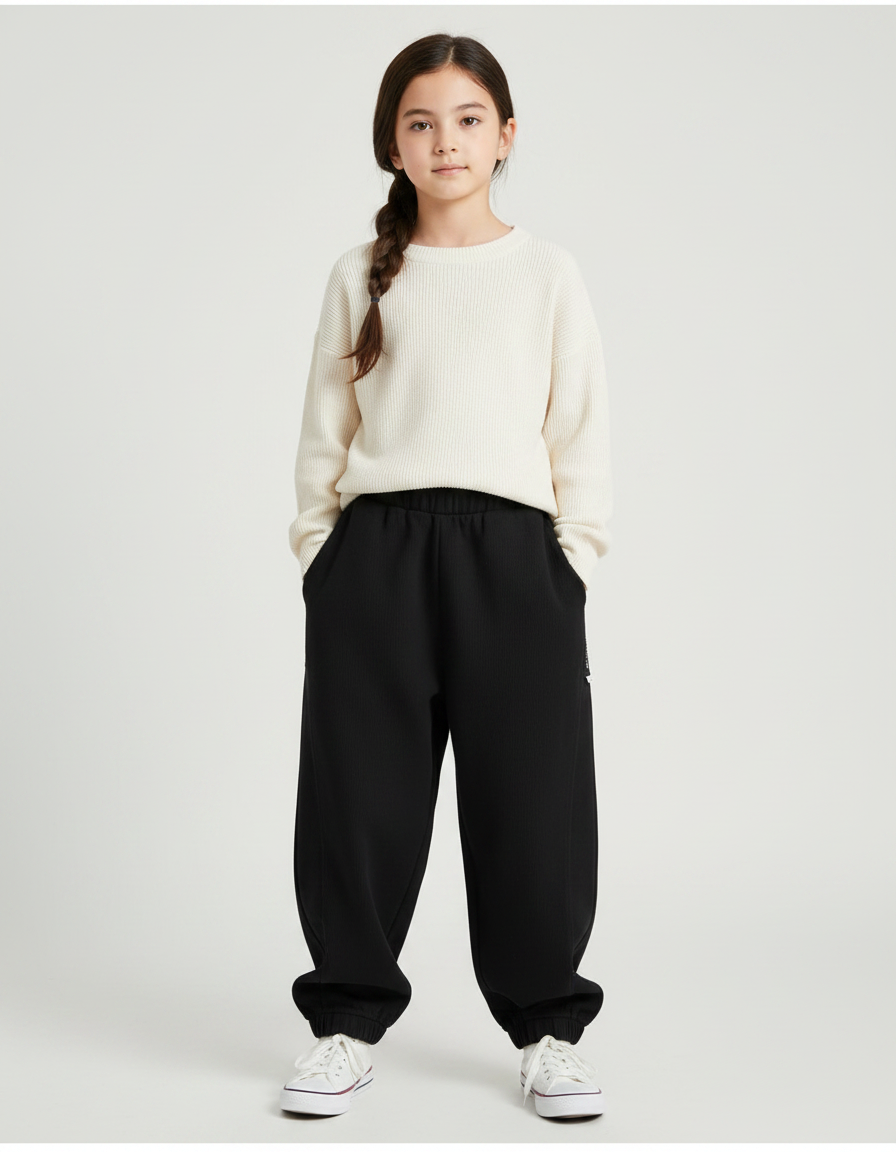 Pantalon Japonais Noir Ample Côtelé Décontracté Enfant - Molleton