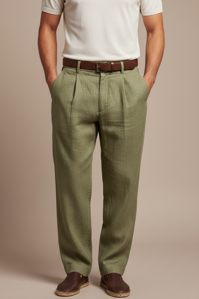Pantalon Japonais Vert Lin Plissé Ample Homme
