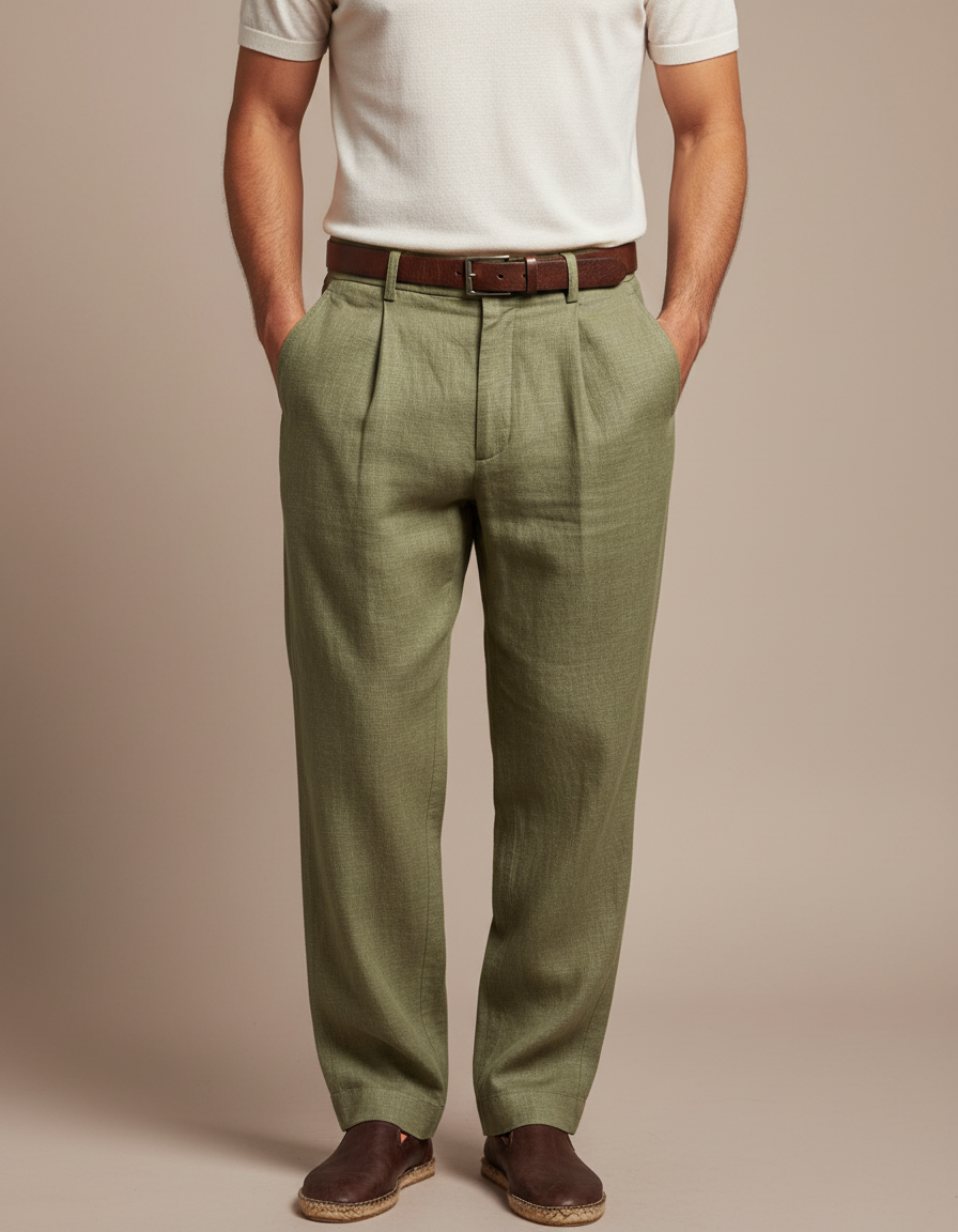 Pantalon Japonais Vert Lin Plissé Ample Homme