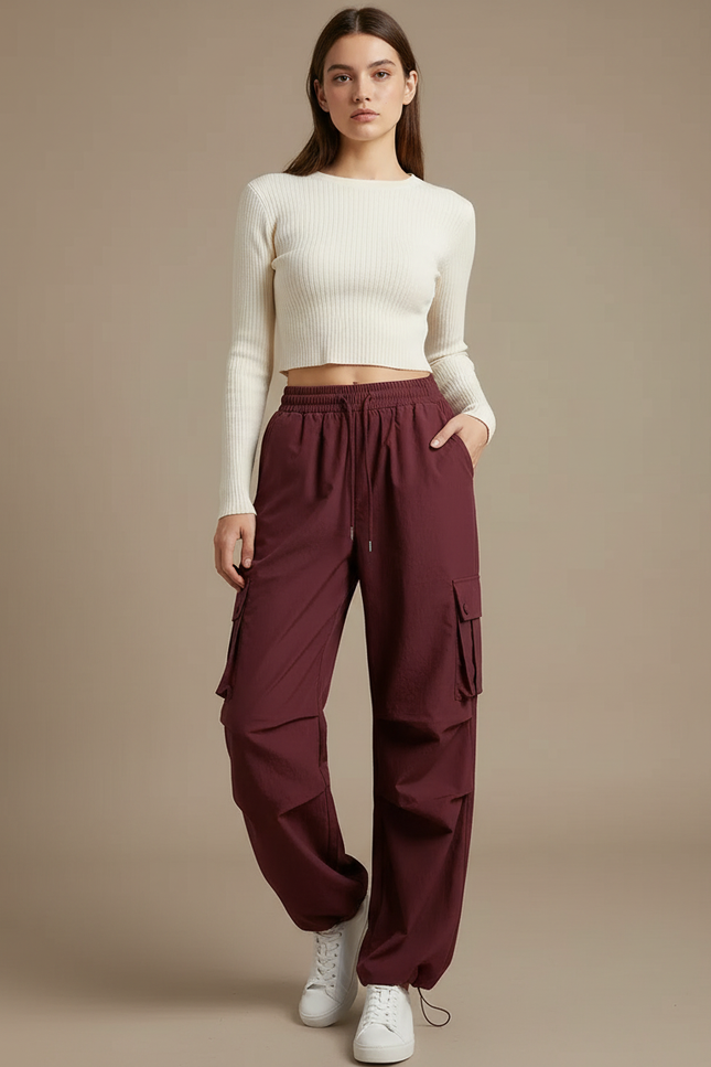 Pantalon Japonais Cargo Bordeaux Ample Décontracté Femme - Polyester