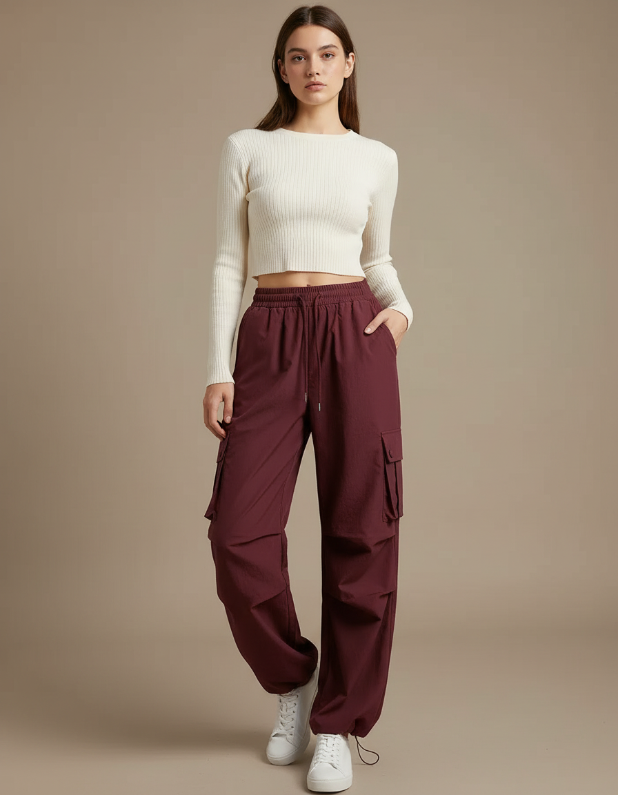 Pantalon Japonais Cargo Bordeaux Ample Décontracté Femme - Polyester