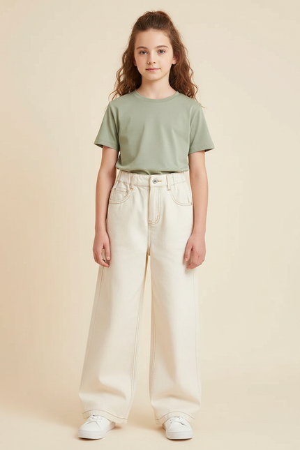Pantalon Japonais Large Écru Coton Taille Haute Fille - Beige
