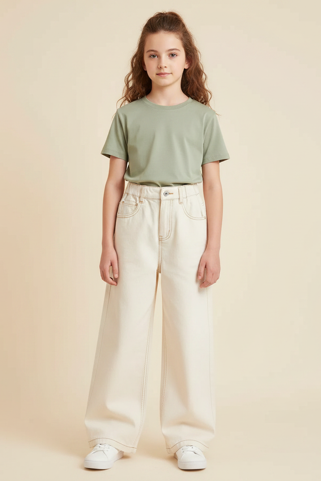 Pantalon Japonais Large Écru Coton Taille Haute Fille - Beige
