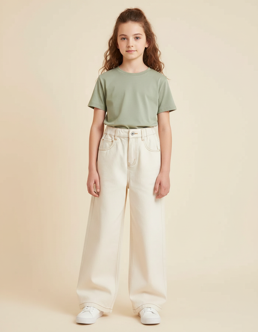 Pantalon Japonais Large Écru Coton Taille Haute Fille - Beige
