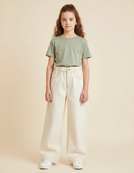 Pantalon Japonais Large Écru Coton Taille Haute Fille - Beige