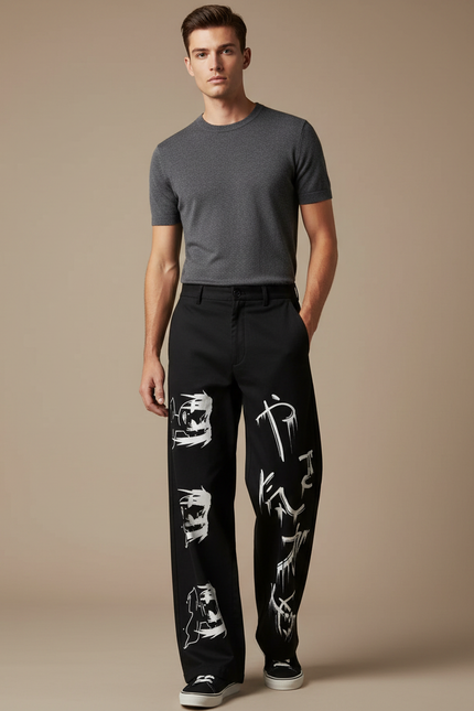 Pantalon Japonais Noir Ample Streetwear Imprimé Graphique - Gabardine