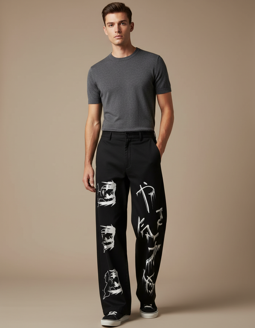 Pantalon Japonais Noir Ample Streetwear Imprimé Graphique - Gabardine