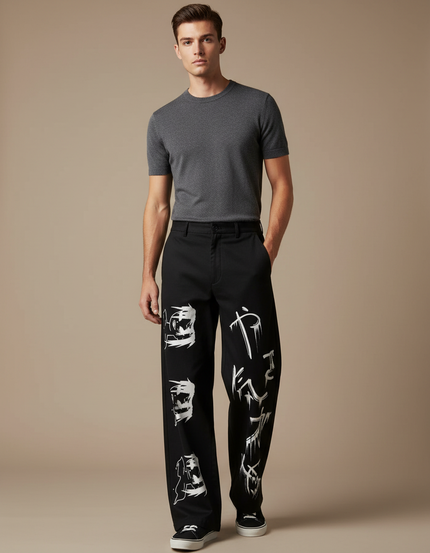 Pantalon Japonais Noir Ample Streetwear Imprimé Graphique - Gabardine