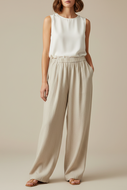 Pantalon Japonais Beige Ample Lin Cordon Fluide