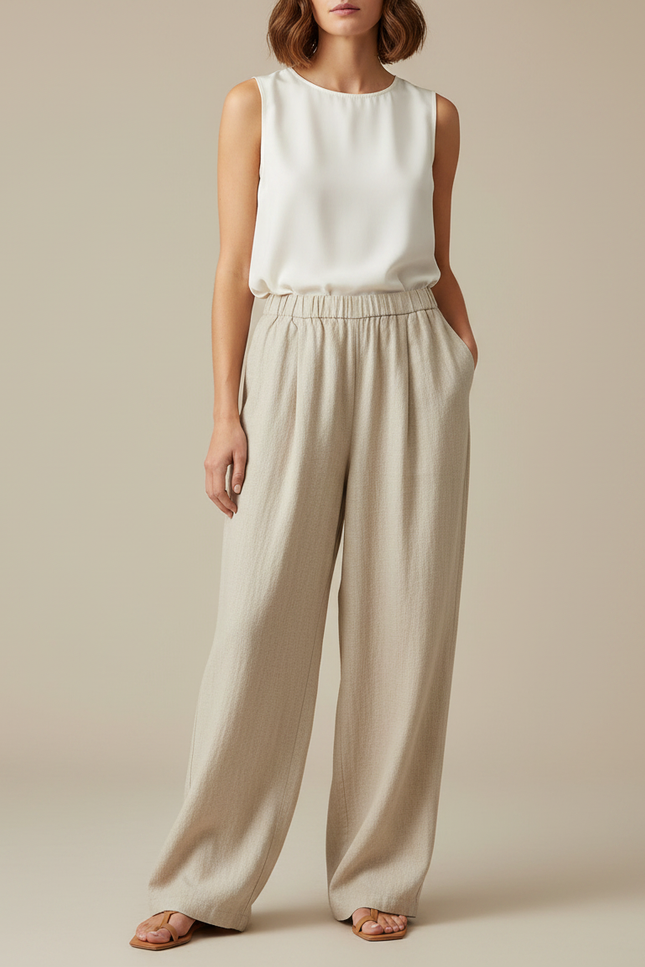 Pantalon Japonais Beige Ample Lin Cordon Fluide
