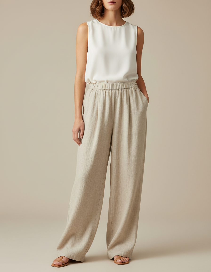 Pantalon Japonais Beige Ample Lin Cordon Fluide