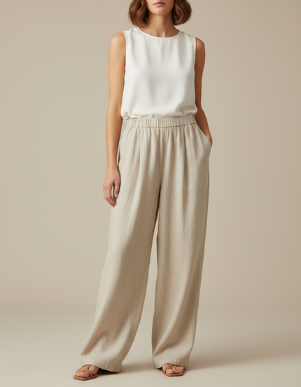 Pantalon Japonais Beige Ample Lin Cordon Fluide
