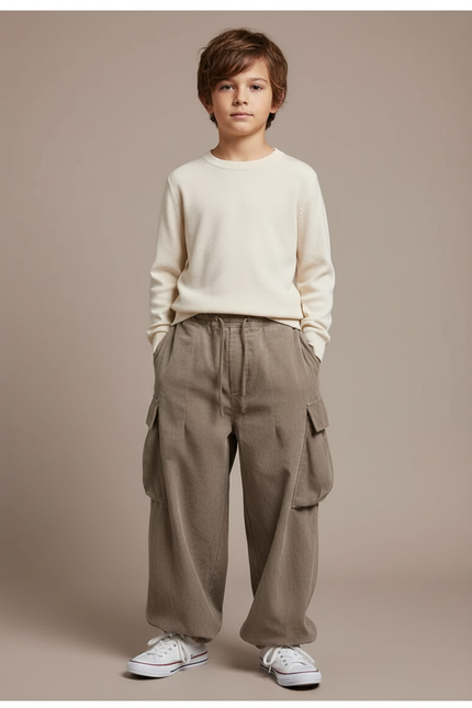 Pantalon Japonais Cargo Ample Côtelé Beige Garçon - Kaki Cordé