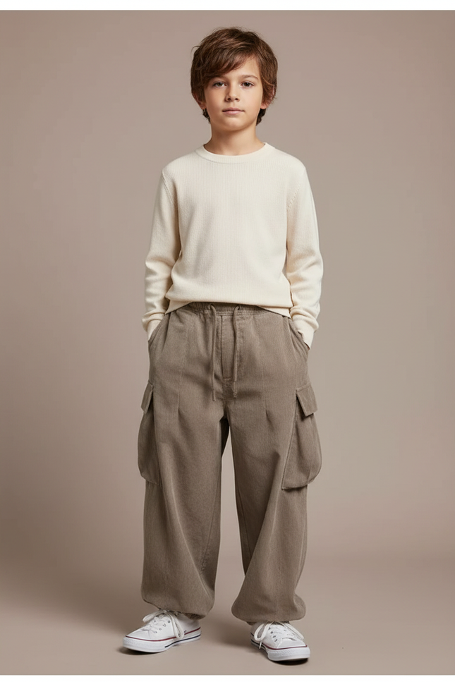 Pantalon Japonais Cargo Ample Côtelé Beige Garçon - Kaki Cordé