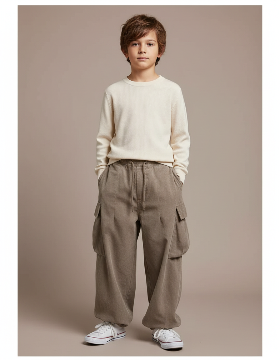 Pantalon Japonais Cargo Ample Côtelé Beige Garçon - Kaki Cordé