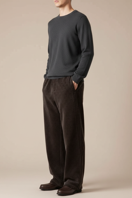 Pantalon Japonais Marron Côtelé Droit Motif Discret - Cordé