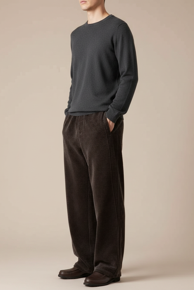 Pantalon Japonais Marron Côtelé Droit Motif Discret - Cordé