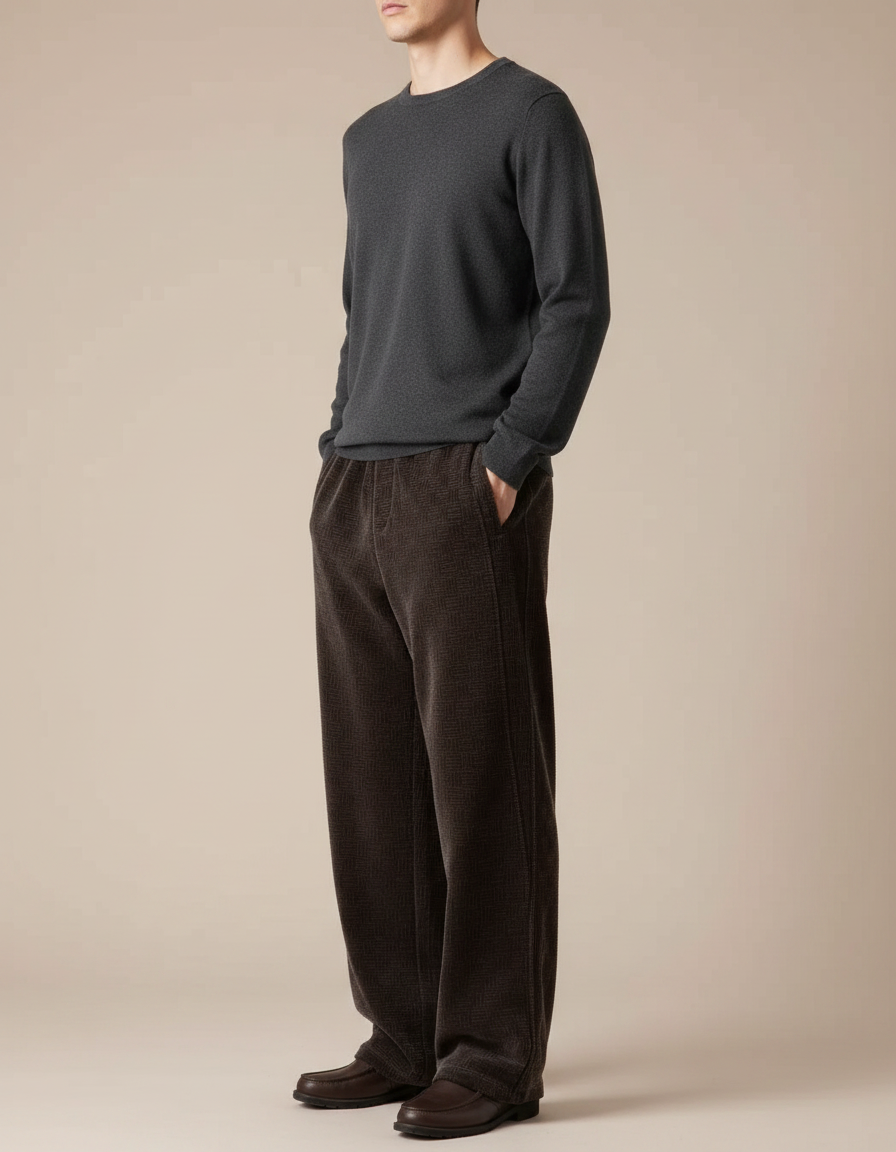 Pantalon Japonais Marron Côtelé Droit Motif Discret - Cordé