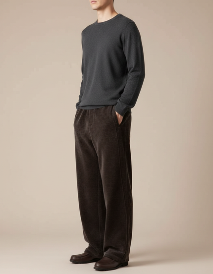 Pantalon Japonais Marron Côtelé Droit Motif Discret - Cordé