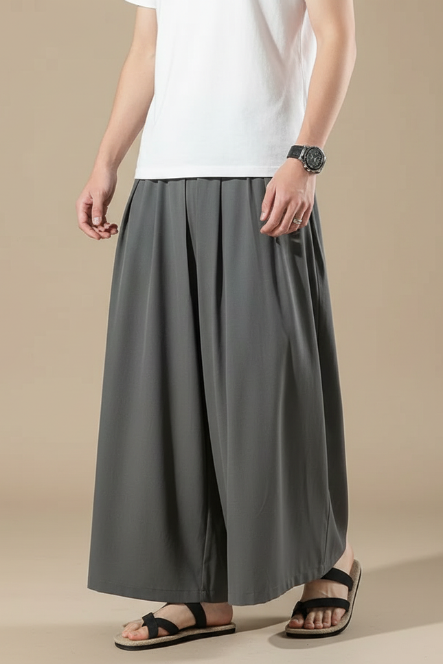 Pantalon Japonais Gris Ample Plissé Coton Homme