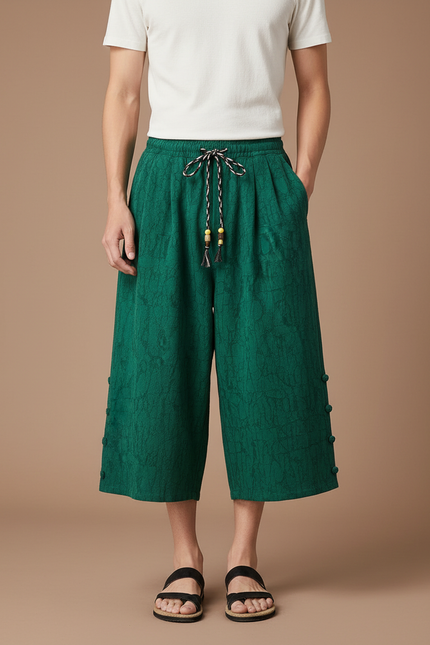 Pantalon Japonais Vert Lin Ample Décontracté Homme