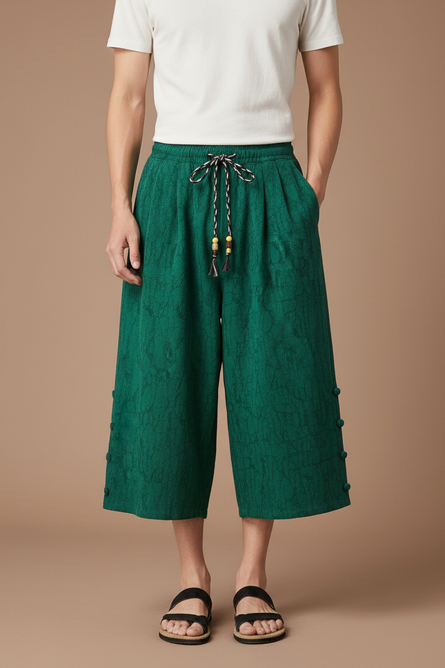 Pantalon Japonais Vert Lin Ample Décontracté Homme