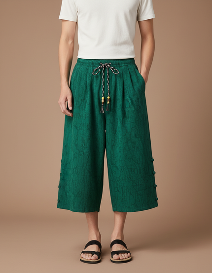 Pantalon Japonais Vert Lin Ample Décontracté Homme