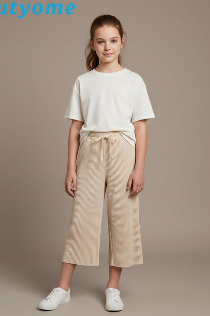 Pantalon Japonais Plissé Ample Beige Décontracté Fille - Polyester