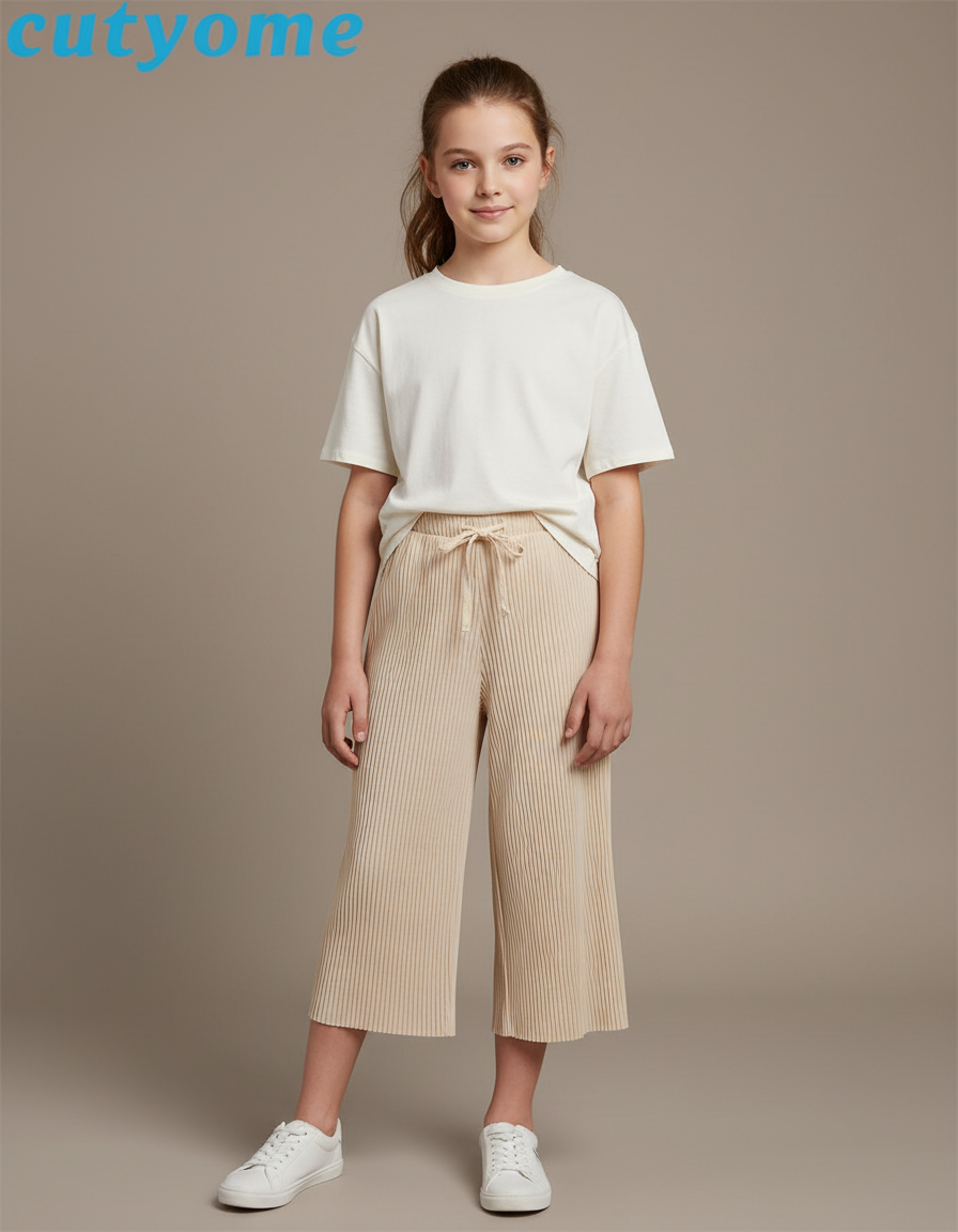 Pantalon Japonais Plissé Ample Beige Décontracté Fille - Polyester