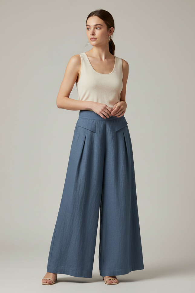 Pantalon Japonais Bleu Ample Lin Fluide Décontracté