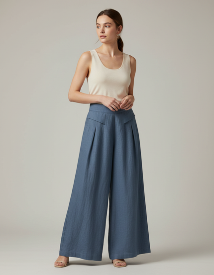 Pantalon Japonais Bleu Ample Lin Fluide Décontracté