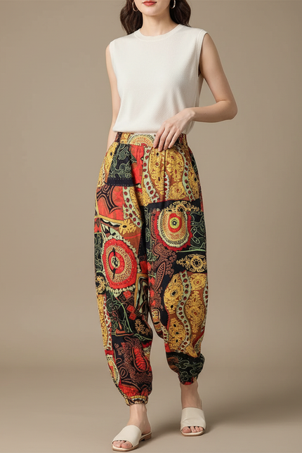 Pantalon Japonais Imprimé Ethnique Ample Fluide Bohème - Multicolore Viscose