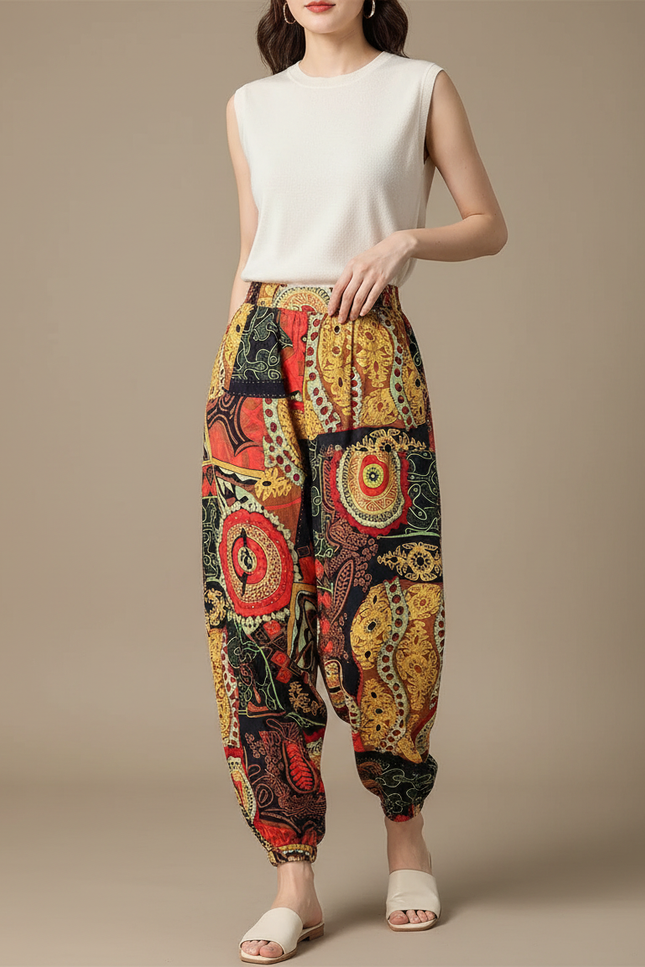Pantalon Japonais Imprimé Ethnique Ample Fluide Bohème - Multicolore Viscose