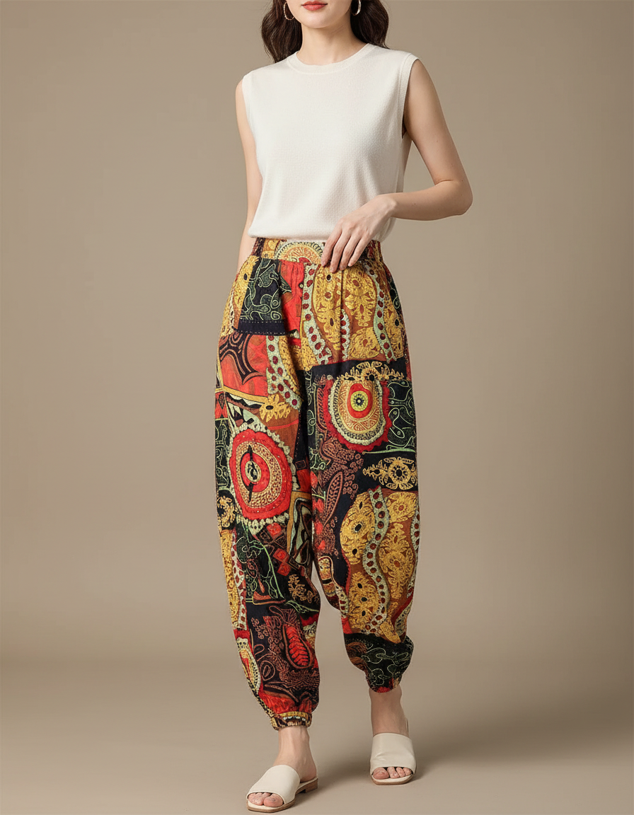 Pantalon Japonais Imprimé Ethnique Ample Fluide Bohème - Multicolore Viscose
