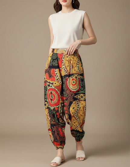 Pantalon Japonais Imprimé Ethnique Ample Fluide Bohème - Multicolore Viscose